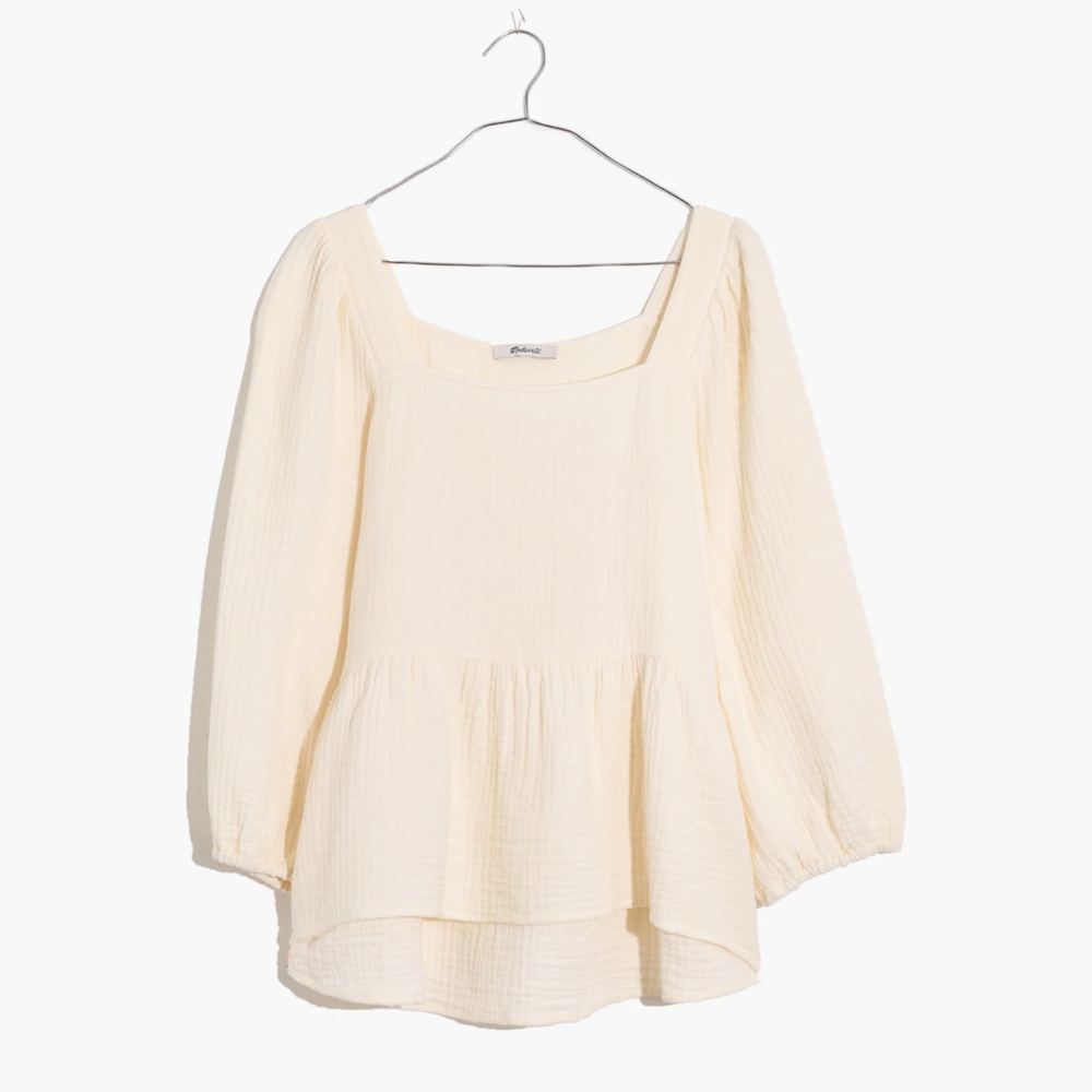 Madewell Lightspun Millbrook Puff-Sleeve Peplum Top XXL